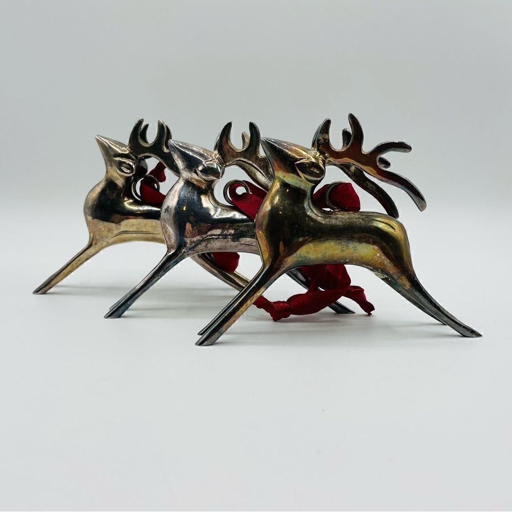 Set of 3 Silver Plate Reindeer Christmas Ornamenrs